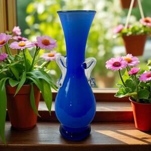 VTG Cobalt Blue Blown Glass 6" Tall Bud Vase With Clear Handles Decor Modern